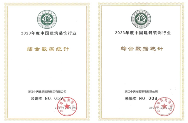 yh86银河国际装饰集团位列2023年度中国建筑装饰企业百强59位、幕墙百强第8位